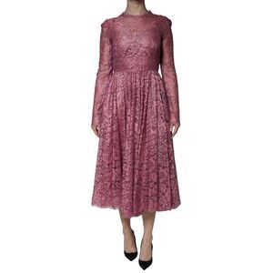 Dolce & Gabbana Pink Floral Lace Long Sleeve Midi Women's Dress